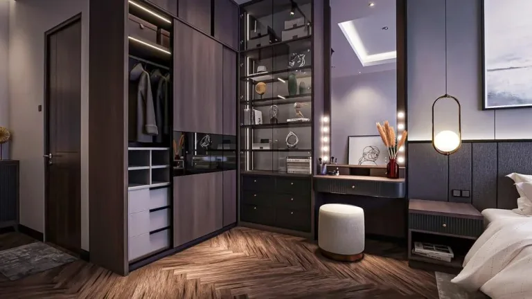 a room with a mirror and shelves